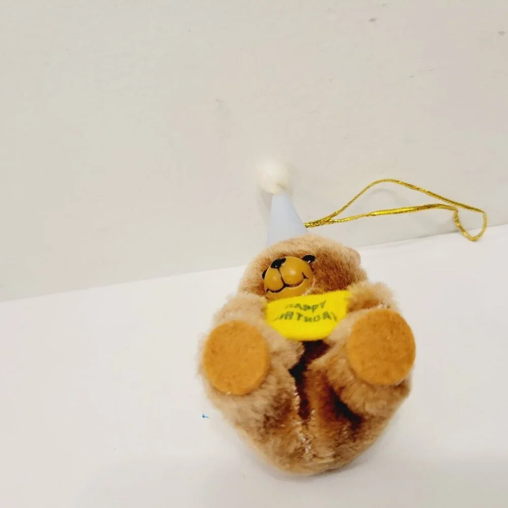 Vtg Mini Yellow Happy Birthday Shirt Brown Teddy Bear Cone Hat Ornament Toy